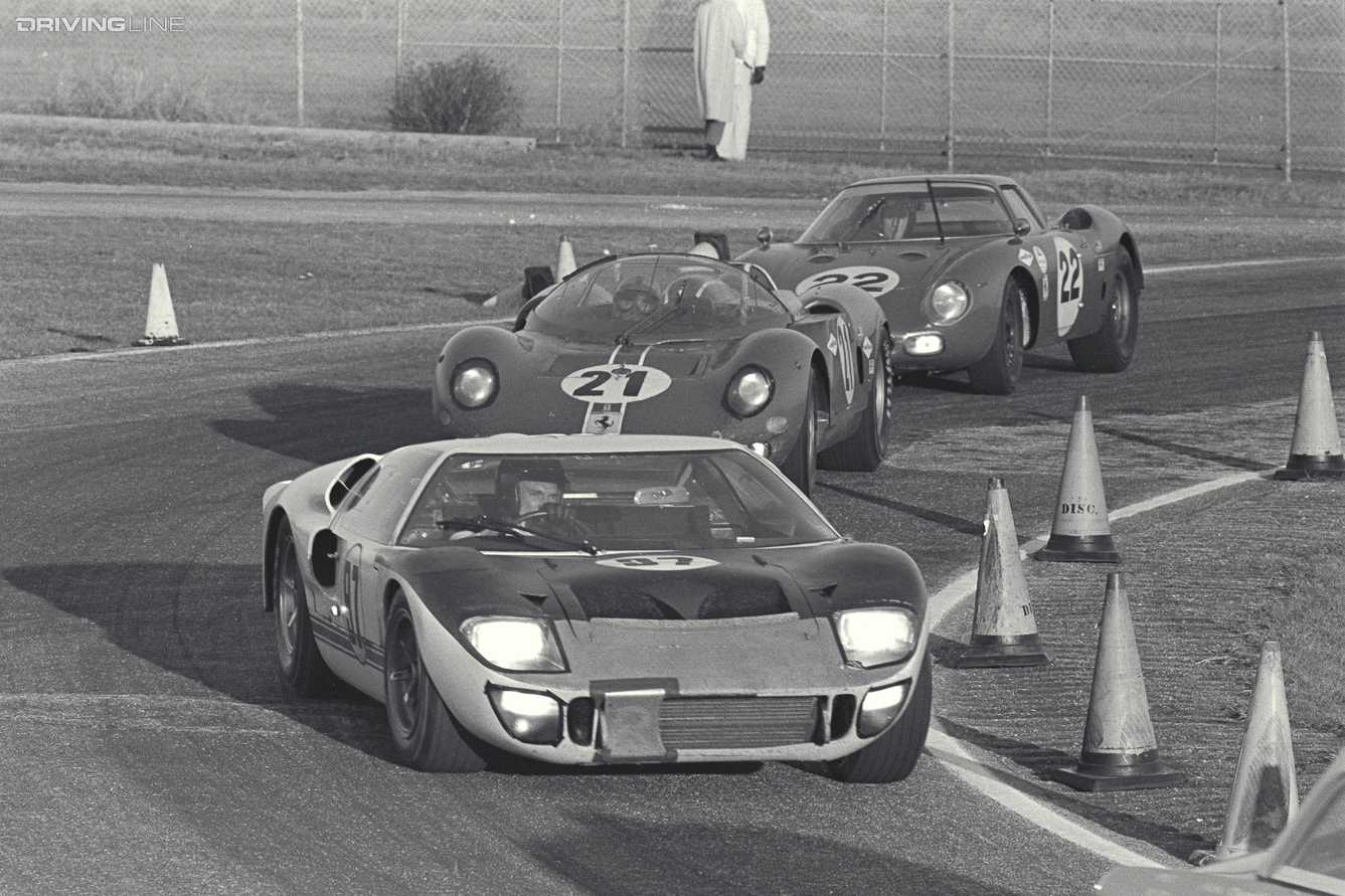 Daytona 24 Hour Race, Daytona, FL, 1966. Dan Gurney (#97) in his Ford Mark II leads two Ferraris. CD#0777-3292-0443-1