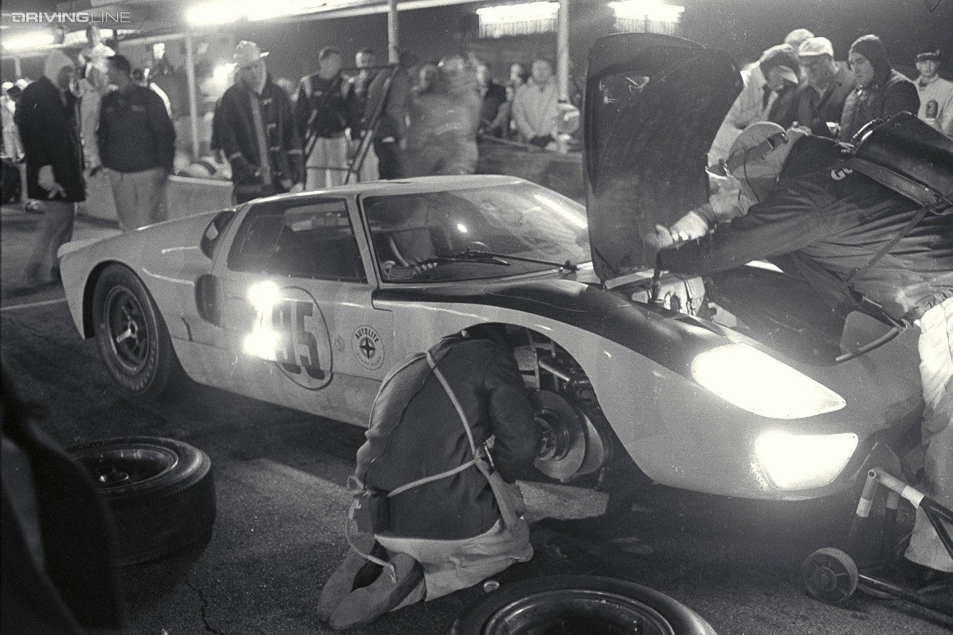 Daytona 24 Hour Race, Daytona, FL, 1966. Walt Hansgen/Mark Donohue Ford Mark II makes a pit stop. CD#0777-3292-0443-2