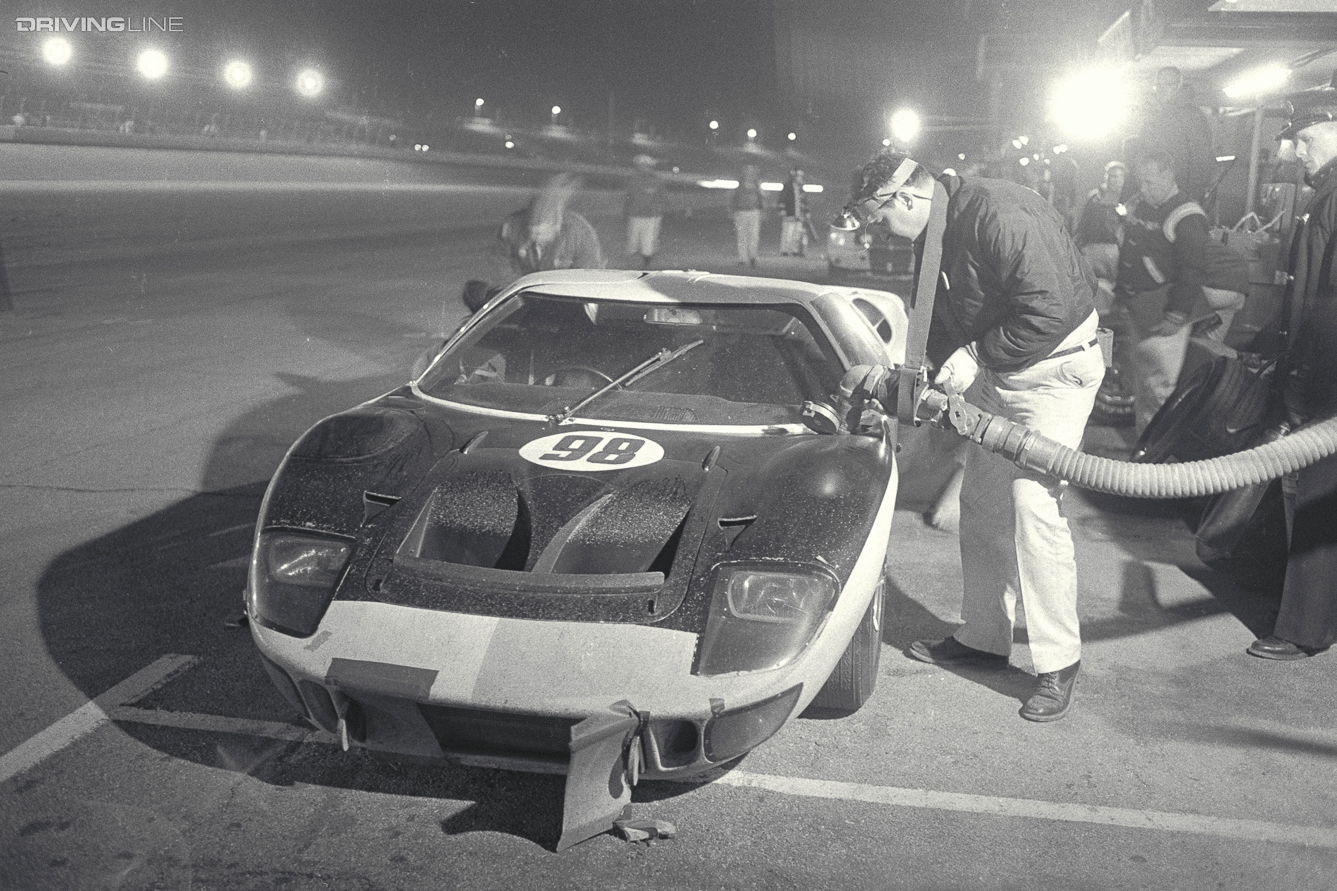 Daytona 24 Hour Race, Daytona, FL, 1966. Race winning Ford Mark II driven by Ken Miles/Lloyd Ruby makes a scheduled pit stop. CD#0777-3292-0443-3