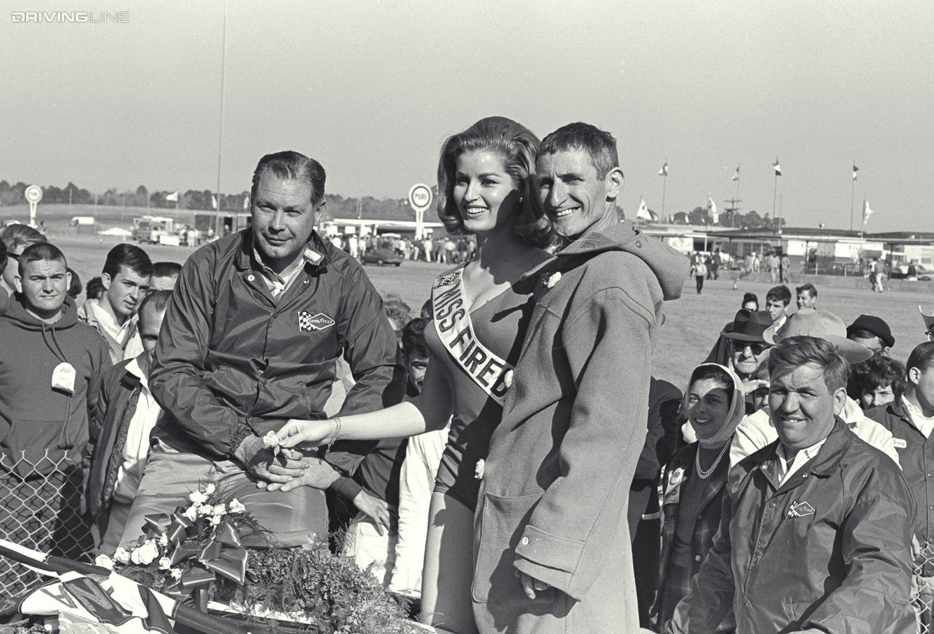 Daytona 24 Hour Race, Daytona, FL, 1966. Lloyd Ruby (left) and Ken Miles (right) in victory circle after winning their second consecutive race. CD#0777-3292-0443-5