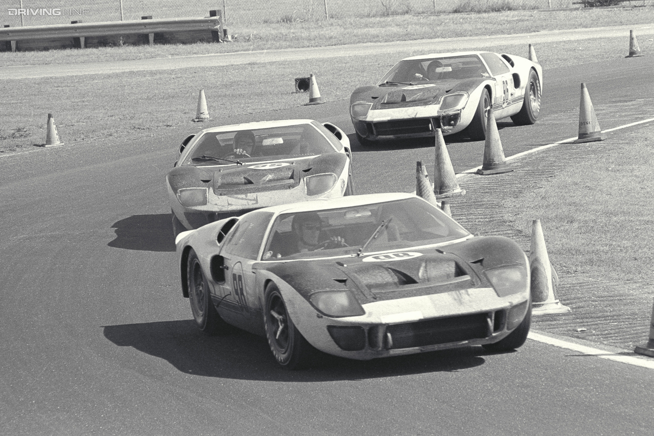 Daytona 24 Hour Race, Daytona, FL, 1966. Winning Ford Mark II (#98) leads two other Ford Mark II cars (#95 and #96). CD#0777-3292-0443-10